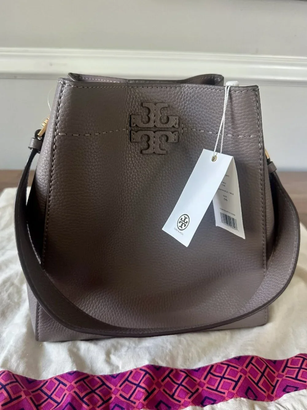Tory Burch McGraw Hobo Bucket Back Silver Maple NWT